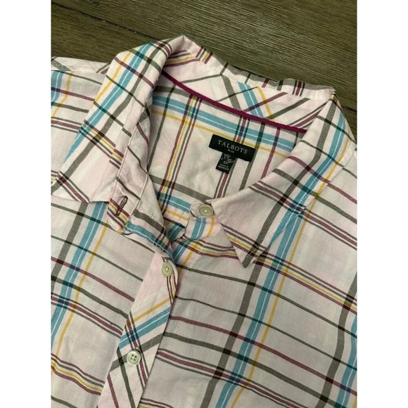 Talbots Plus Shirt Womens 1X Pink Blue Plaid Button Up Top Collared 4976 - Picture 2 of 3